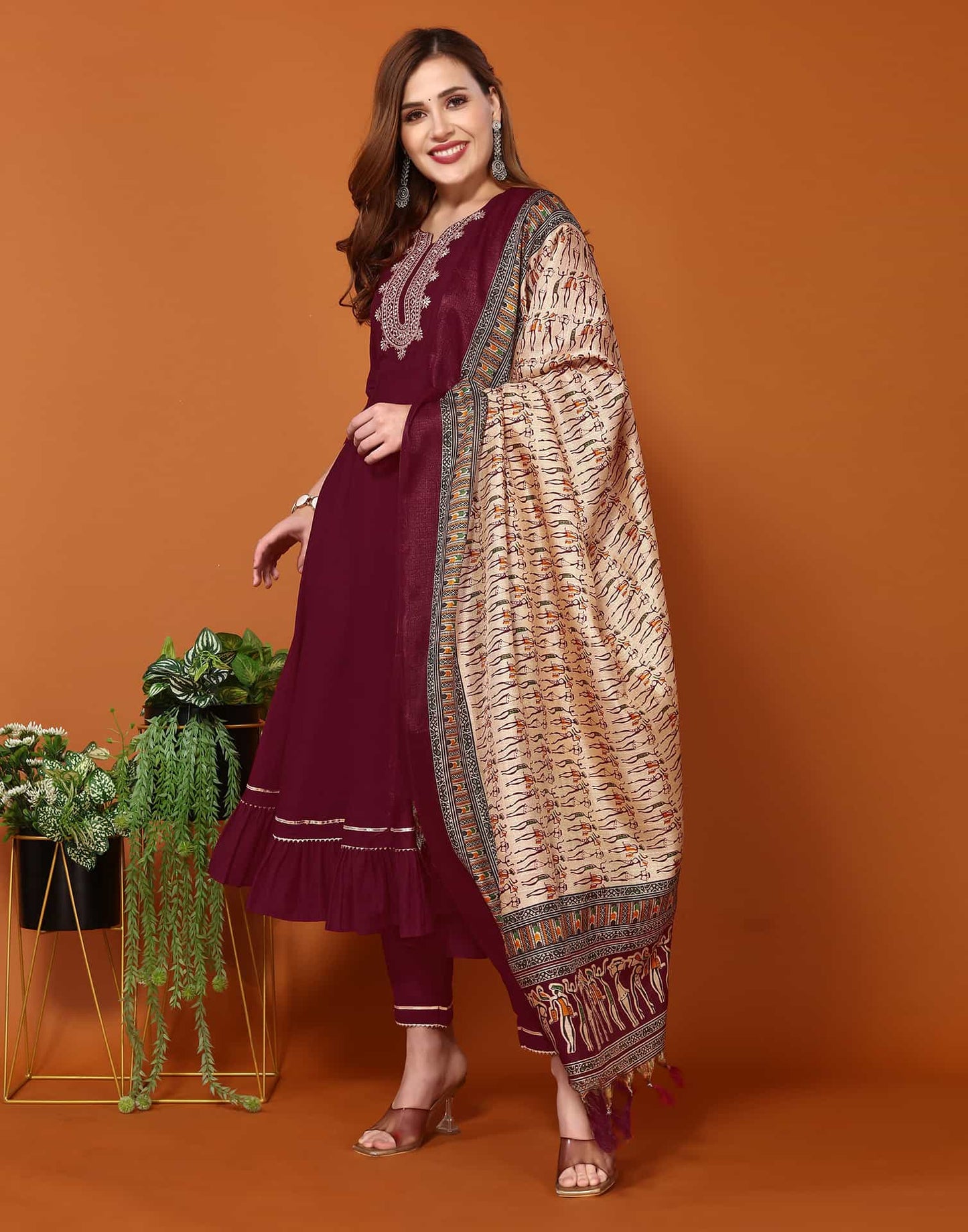 Maroon Cotton Anarkali Kurta Set with Pant & Dupatta Festive Wear under 1000