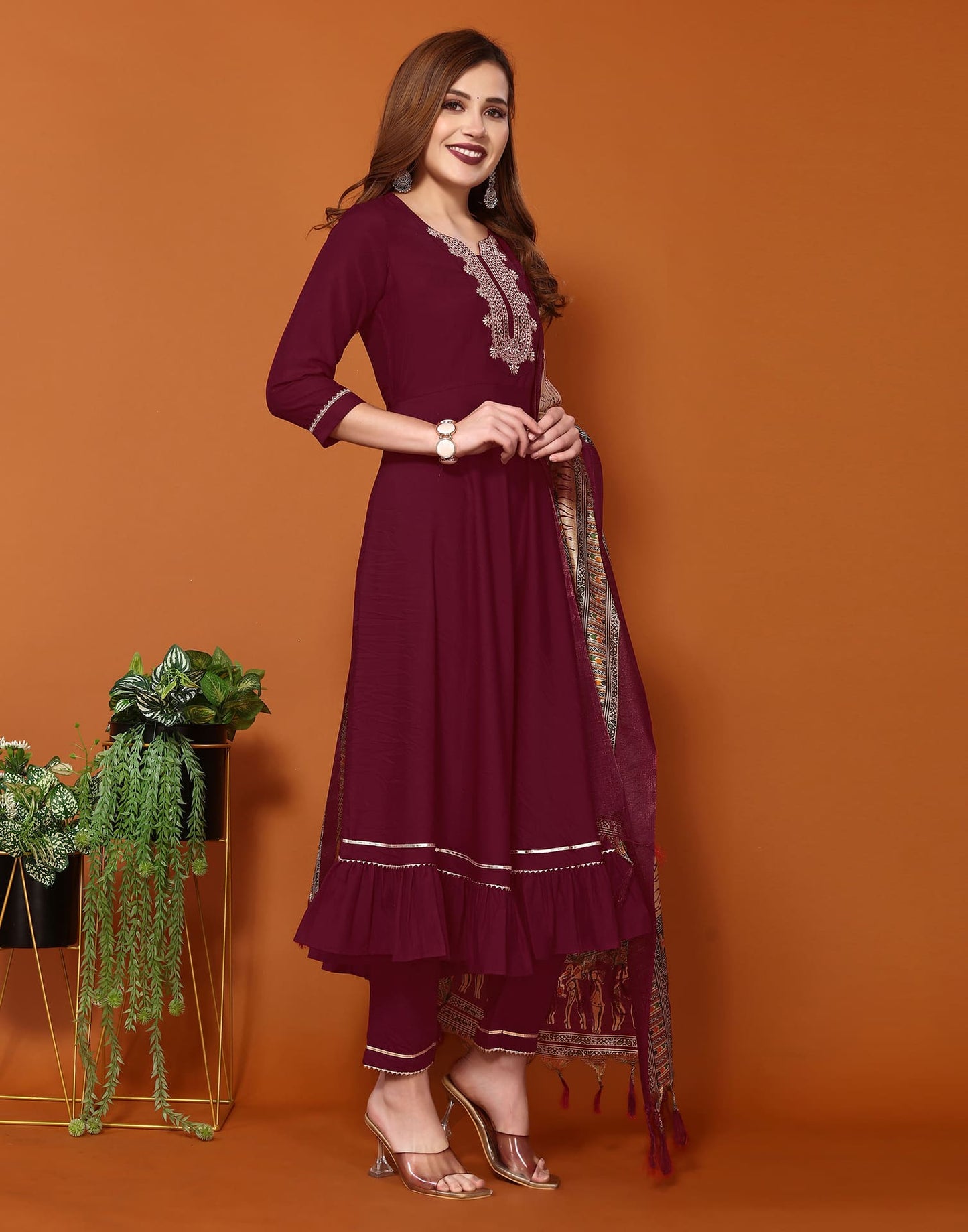 Maroon Cotton Anarkali Kurta Set with Pant & Dupatta Festive Wear under 1000
