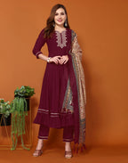 Poly Chinnon Embroidered Anarkali 3 Piece Kurta Set