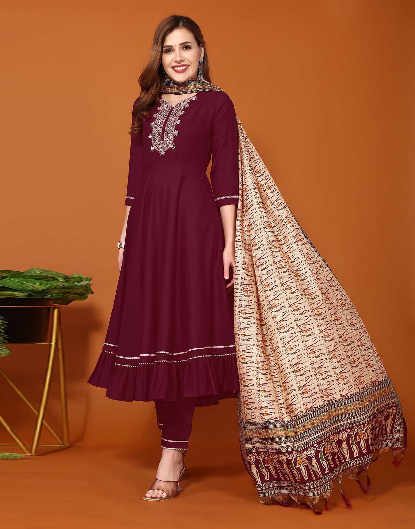Maroon Cotton Anarkali Kurta Set with Pant & Dupatta Festive Wear under 1000