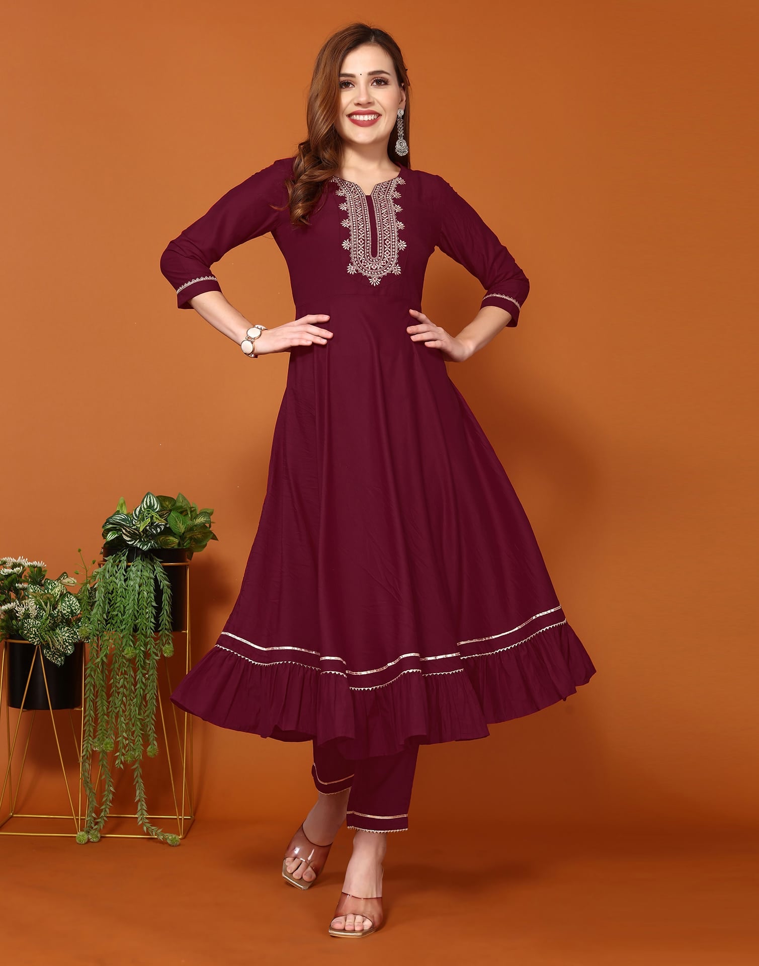 Maroon Cotton Anarkali Kurta Set with Pant & Dupatta Festive Wear under 1000