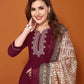 Maroon Cotton Anarkali Kurta Set with Pant & Dupatta Festive Wear under 1000