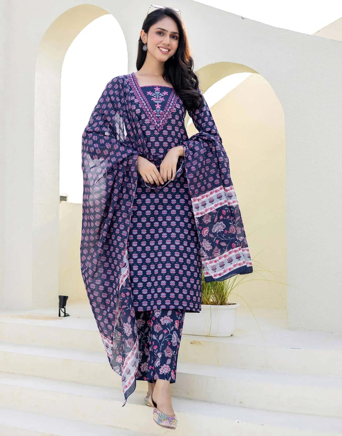 Cotton Embroidery and Sequins Work, Printed, Fabric Lace Straight Kurta with Pant & Dupatta