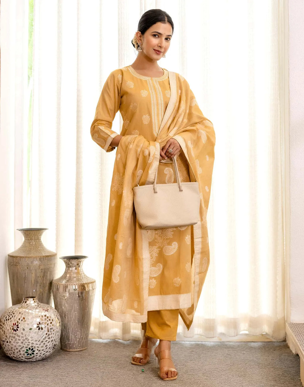 Yellow Cotton Woven Straight Kurta Set with Pant & Dupatta under 1250