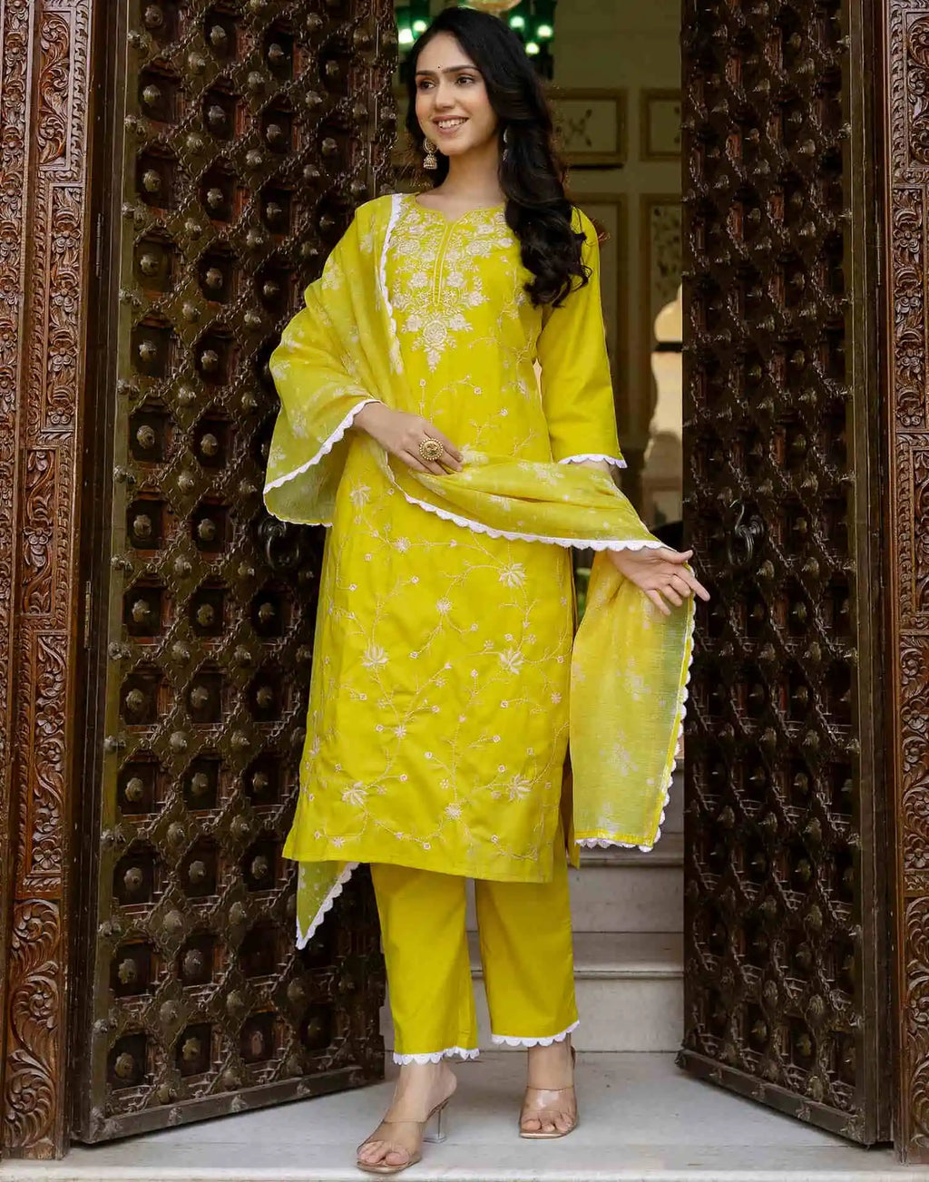 Skylee Cotton Blend Embroidered Straight 3 Piece Kurta Set For Woman