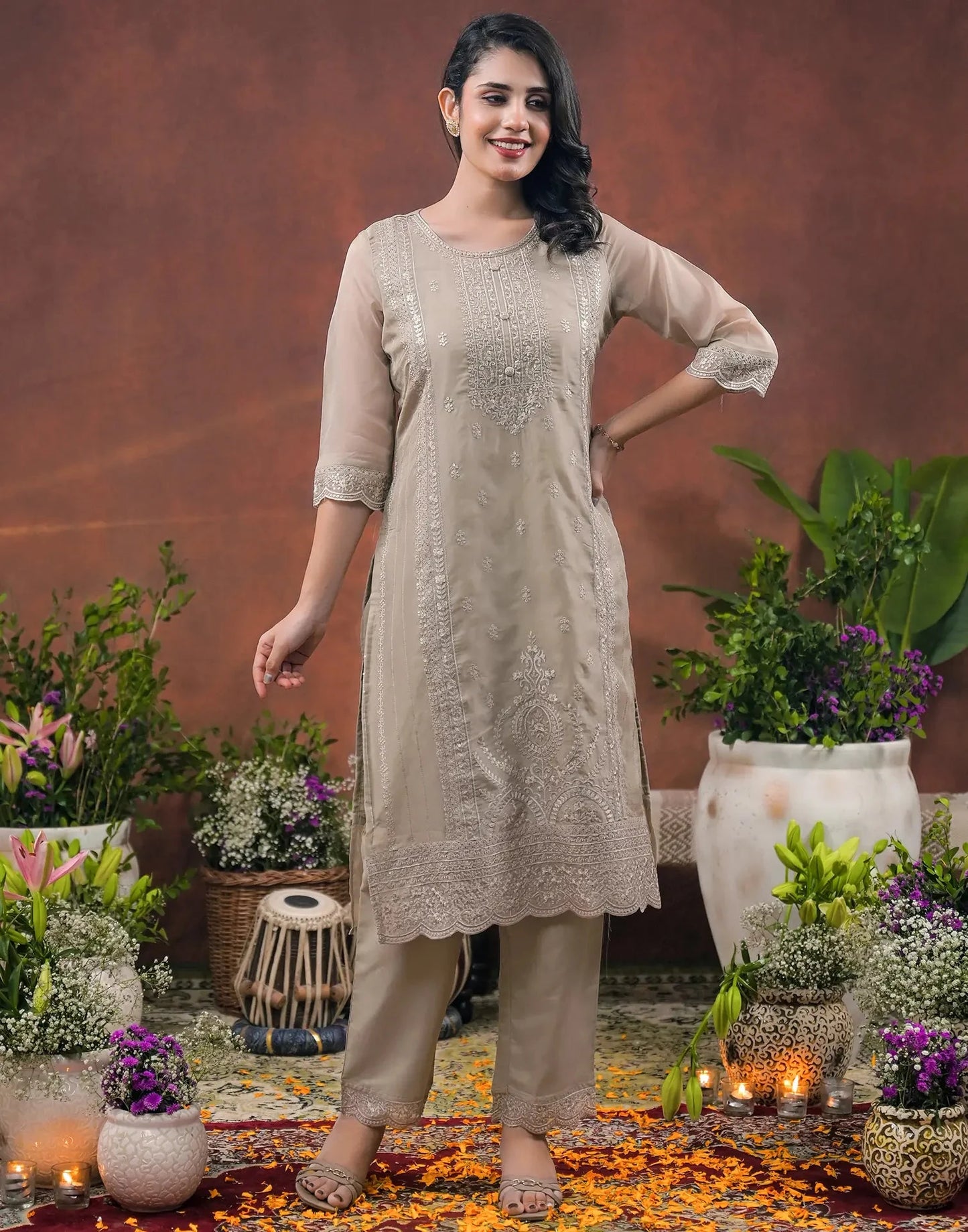 Silk Embroidered Round Neck Straight Kurta with Pant & Dupatta