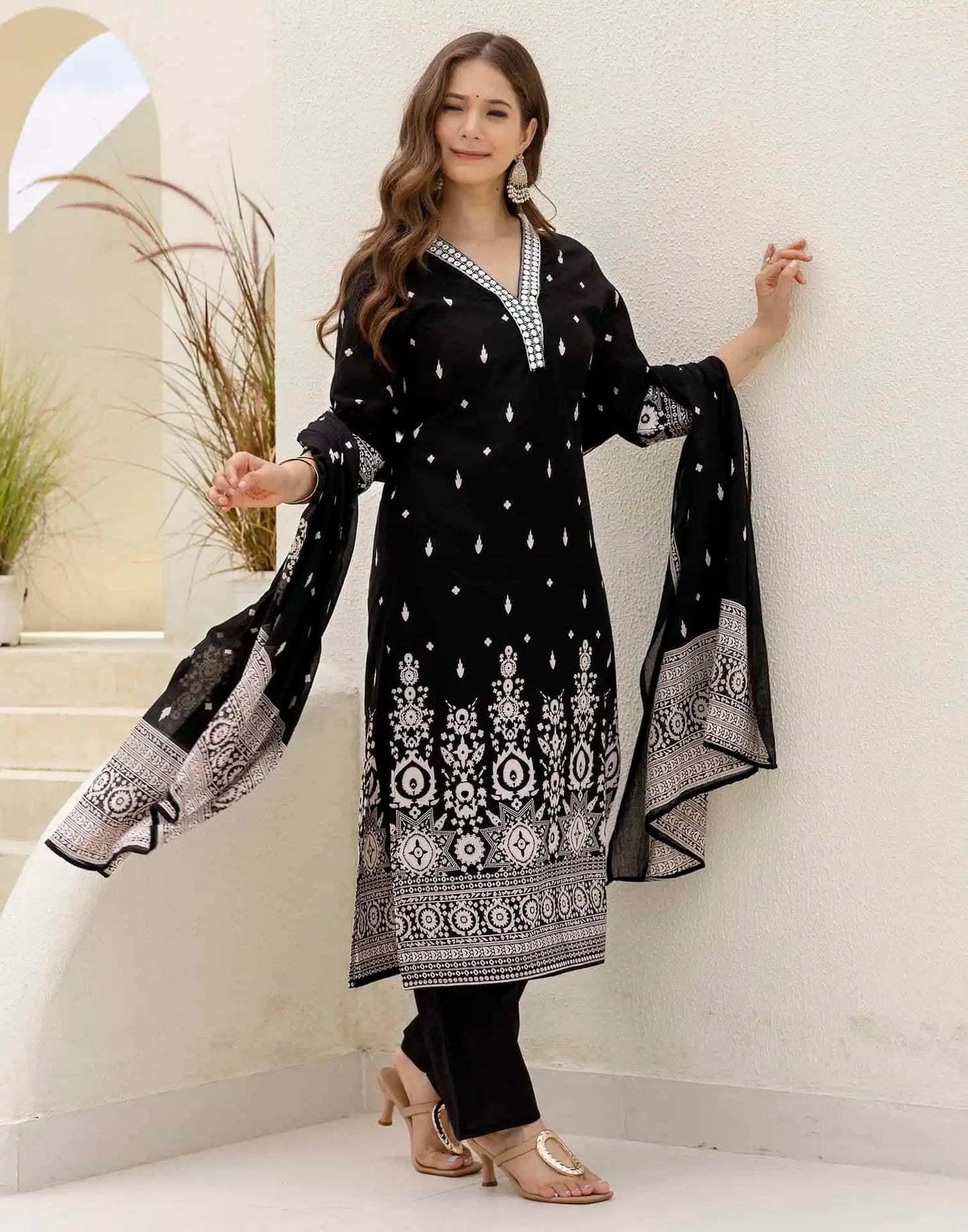 Cotton Straight Embroidery V-Neck Kurta with Pant & Dupatta