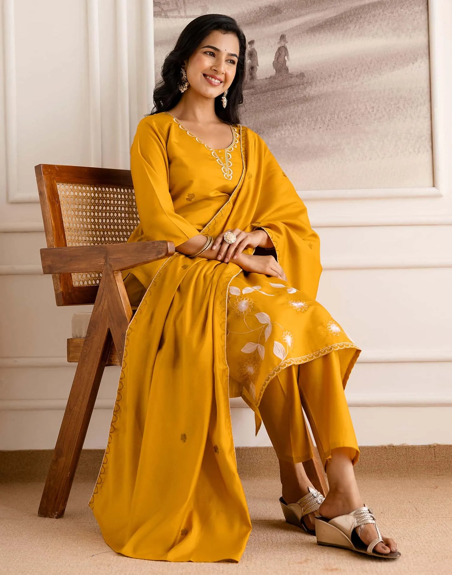 Silk Blend Embroidered Straight Kurta with Pant & Dupatta