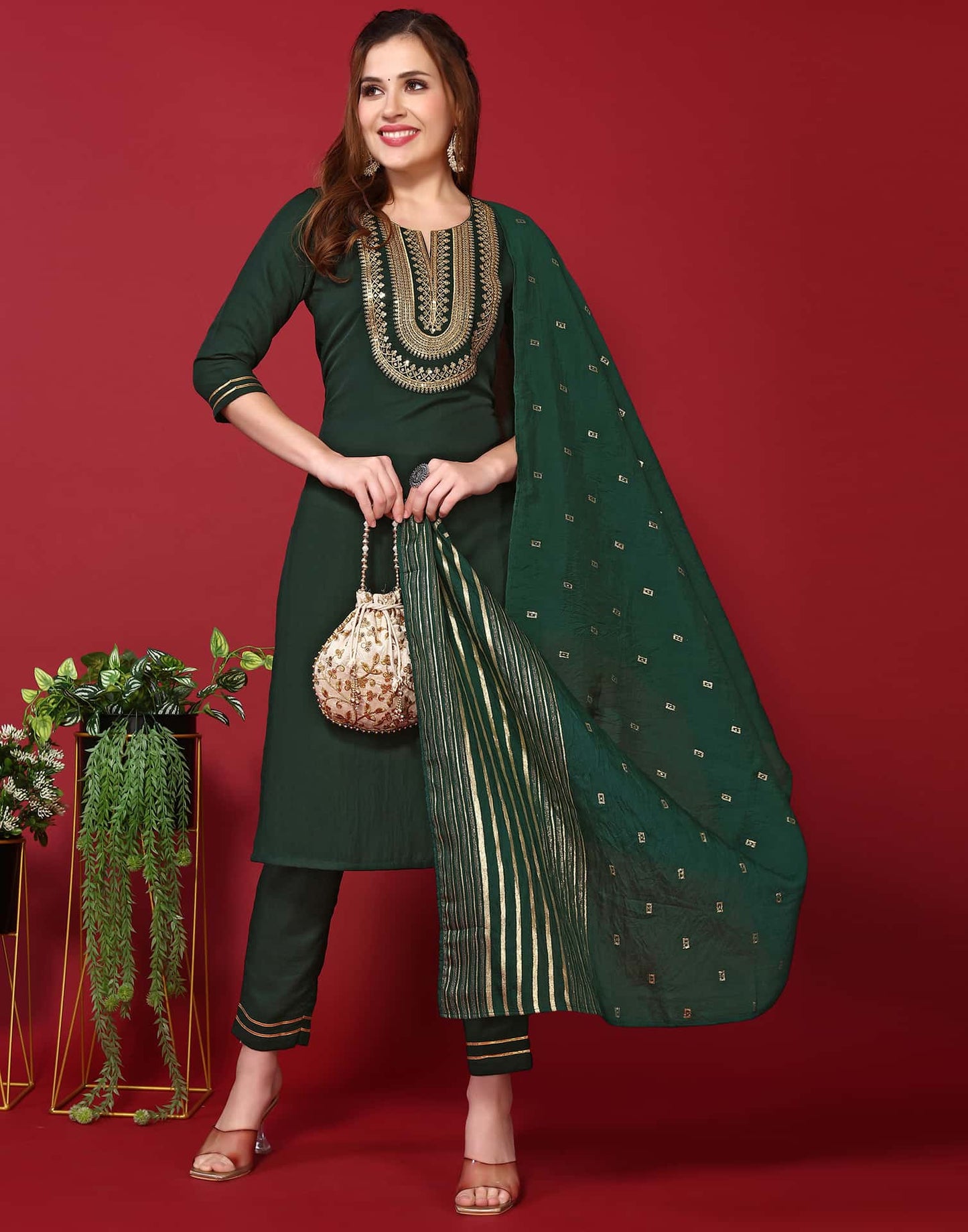 Green Cotton Embroidered Straight Kurta Set with Pant & Dupatta