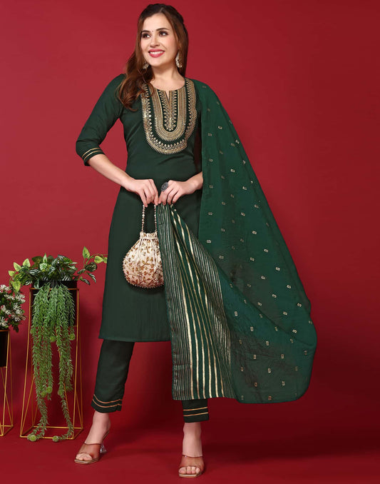Green Cotton Embroidered Straight Kurta Set with Pant & Dupatta