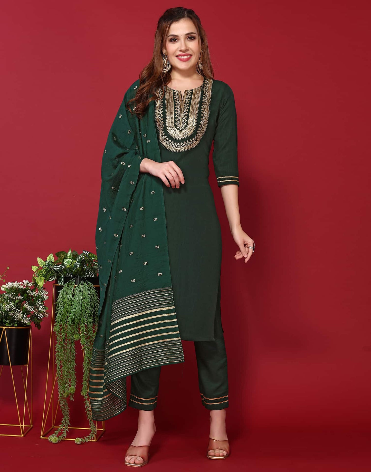 Green Cotton Embroidered Straight Kurta Set with Pant & Dupatta