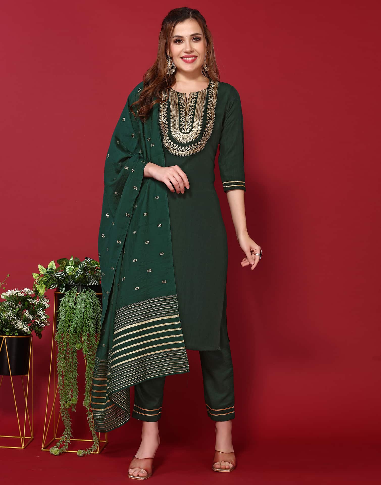 Green Cotton Embroidered Straight Kurta Set with Pant & Dupatta