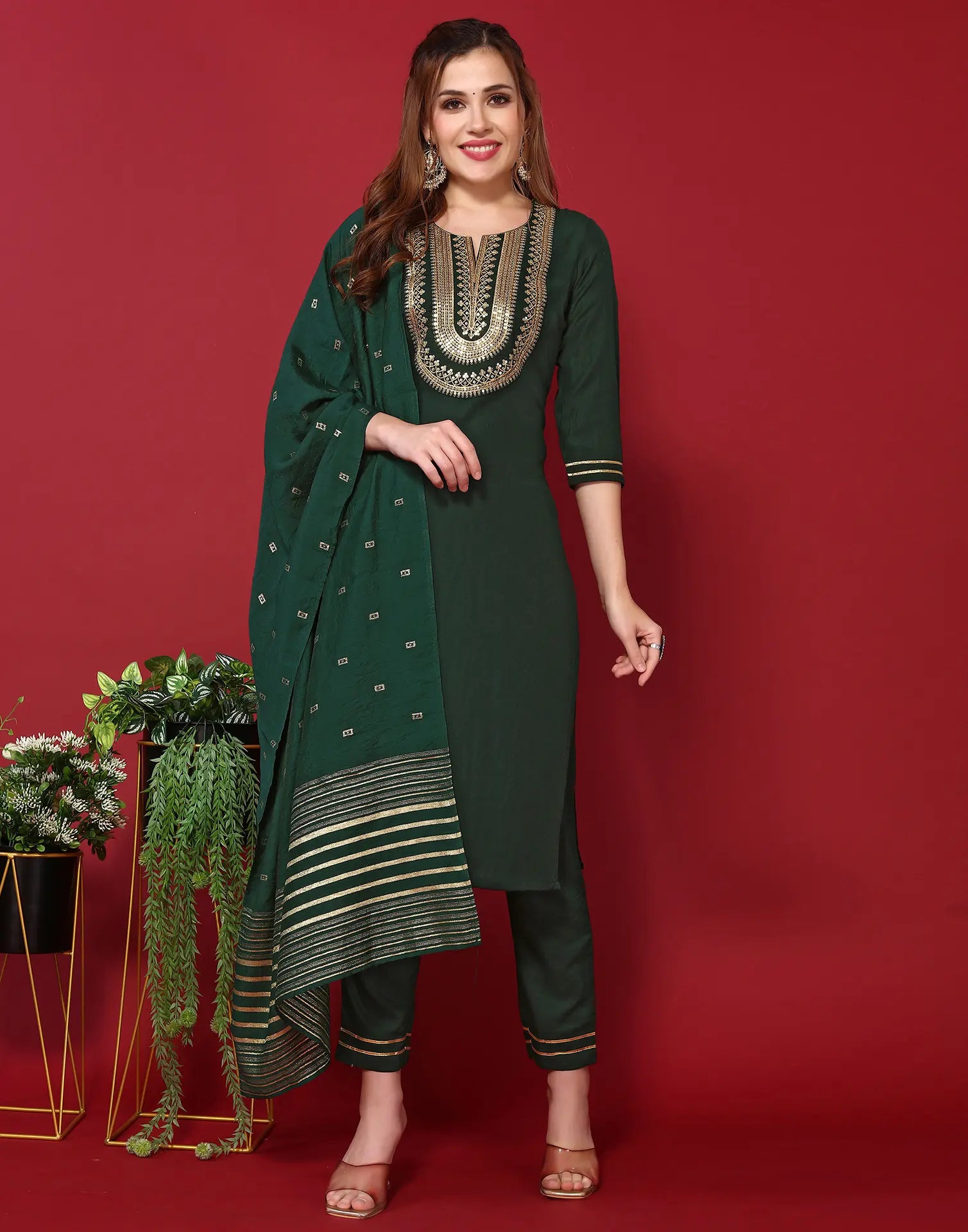 Poly Chinnon Embroidered Straight 3 Piece Kurta Set