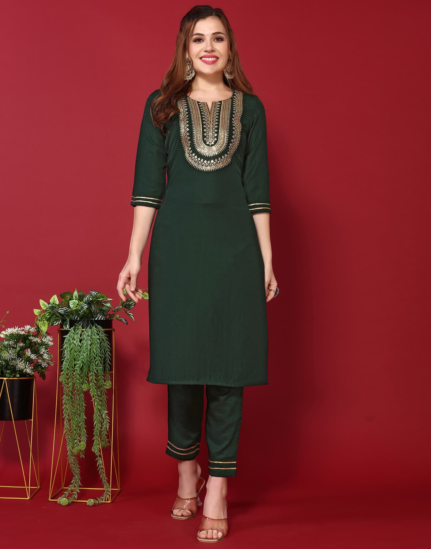 Green Cotton Embroidered Straight Kurta Set with Pant & Dupatta