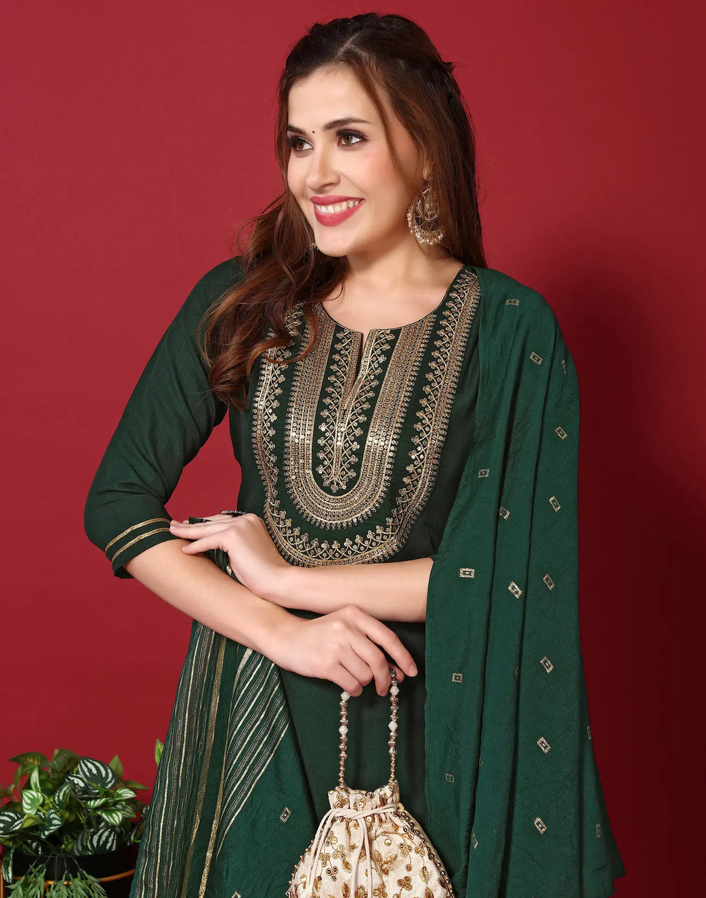 Poly Chinnon Embroidered Straight 3 Piece Kurta Set
