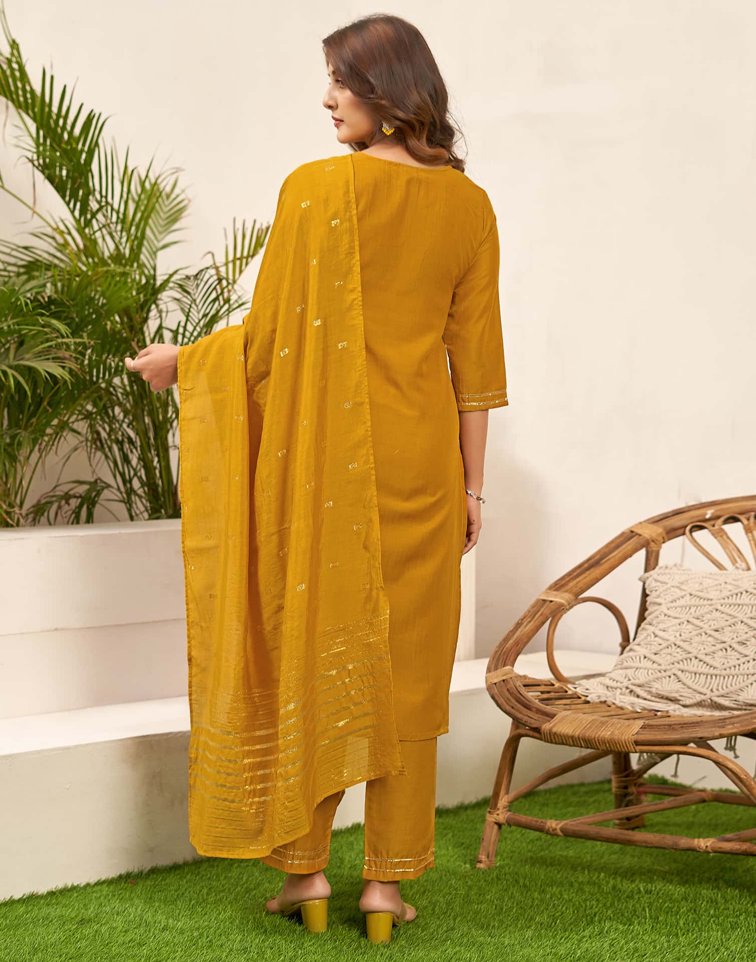 Yellow Cotton Straight Kurta Set with Pant & Dupatta for Women