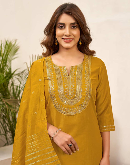 Yellow Cotton Straight Kurta Set with Pant & Dupatta for Women