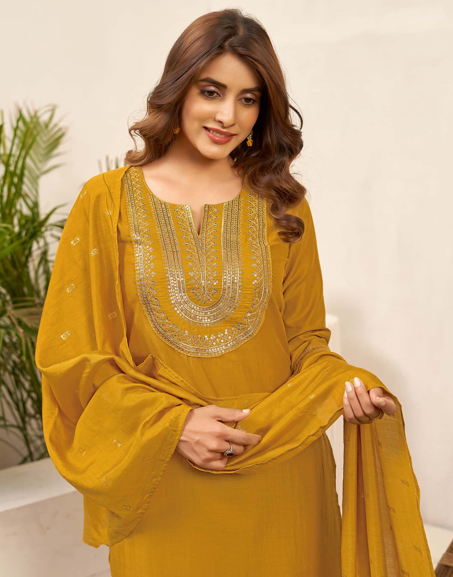 Yellow Cotton Straight Kurta Set with Pant & Dupatta for Women