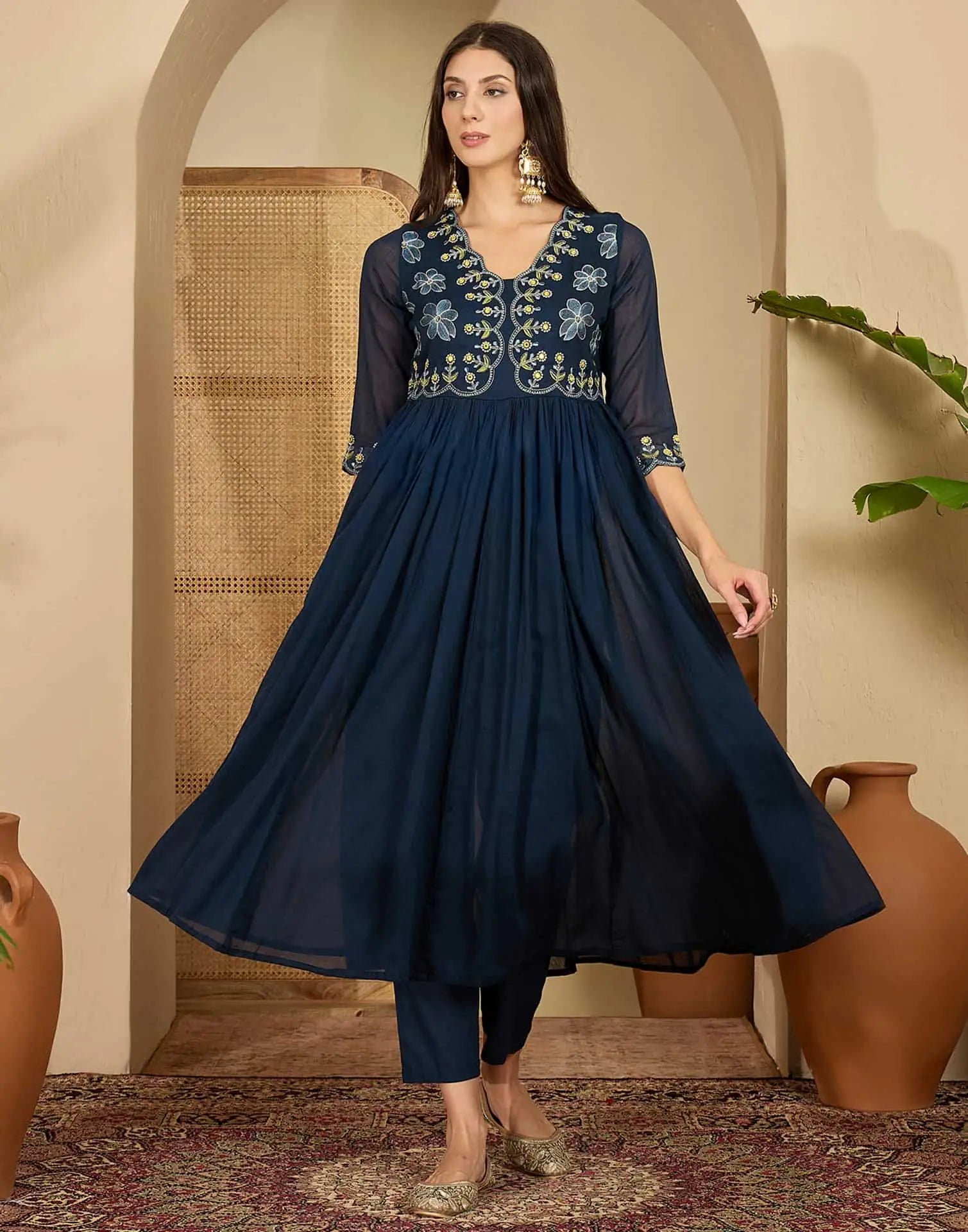 Blue Cotton Embroidered Anarkali Kurta with Pant & Dupatta for Women