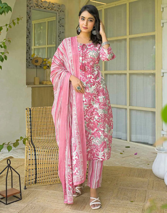 Cotton Straight Printed Keyhole Neck Kurta with Pant & Dupatta