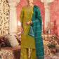 Skylee Mustard Green Silk Plain V Neck 3/4 Sleeve Straight Kurta Set with Pant & Dupatta for Women