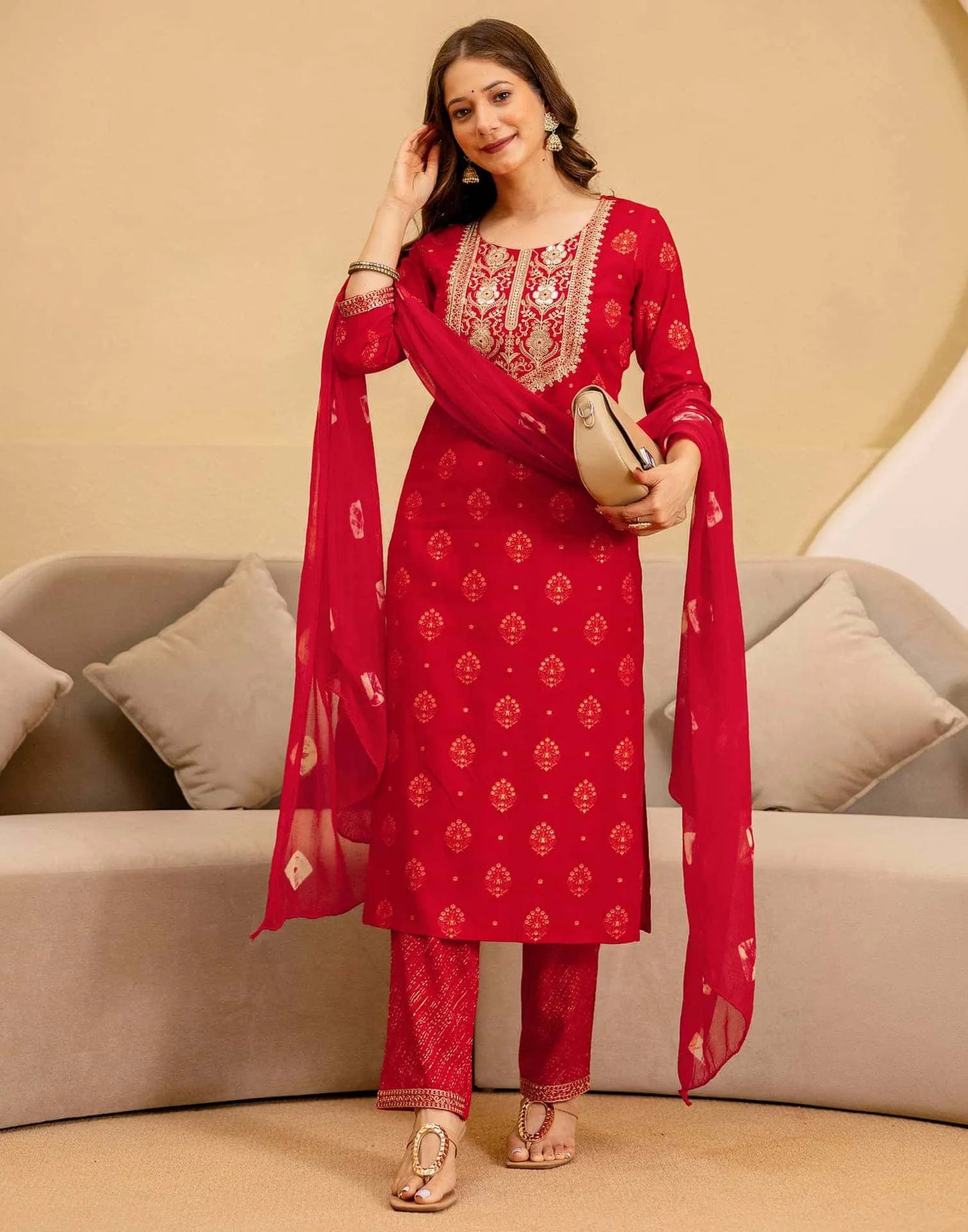 Cotton Embroidered Straight Kurta with Pant & Dupatta