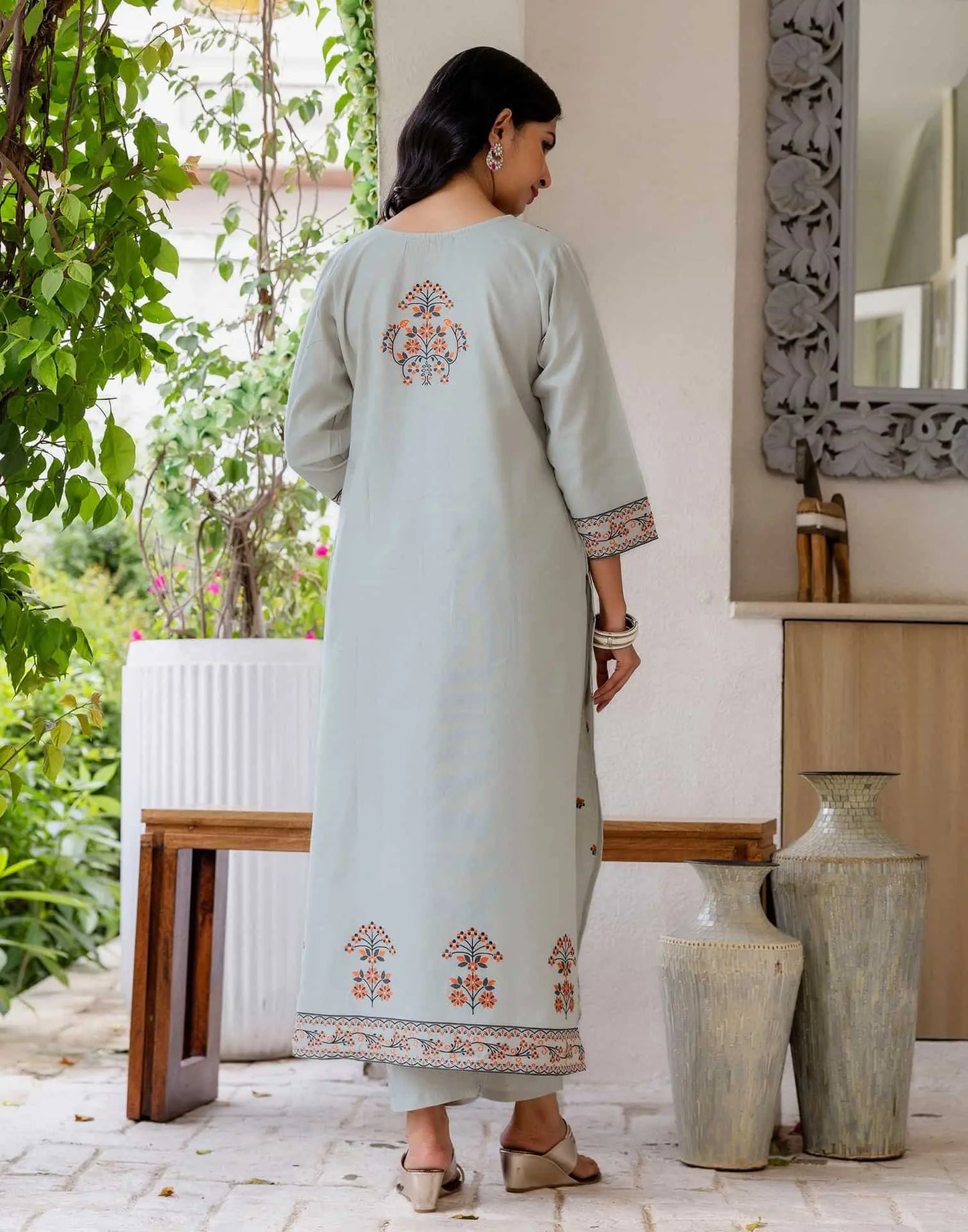 Grey Cotton Woven Straight Kurta Set with Pant & Dupatta under 1250 