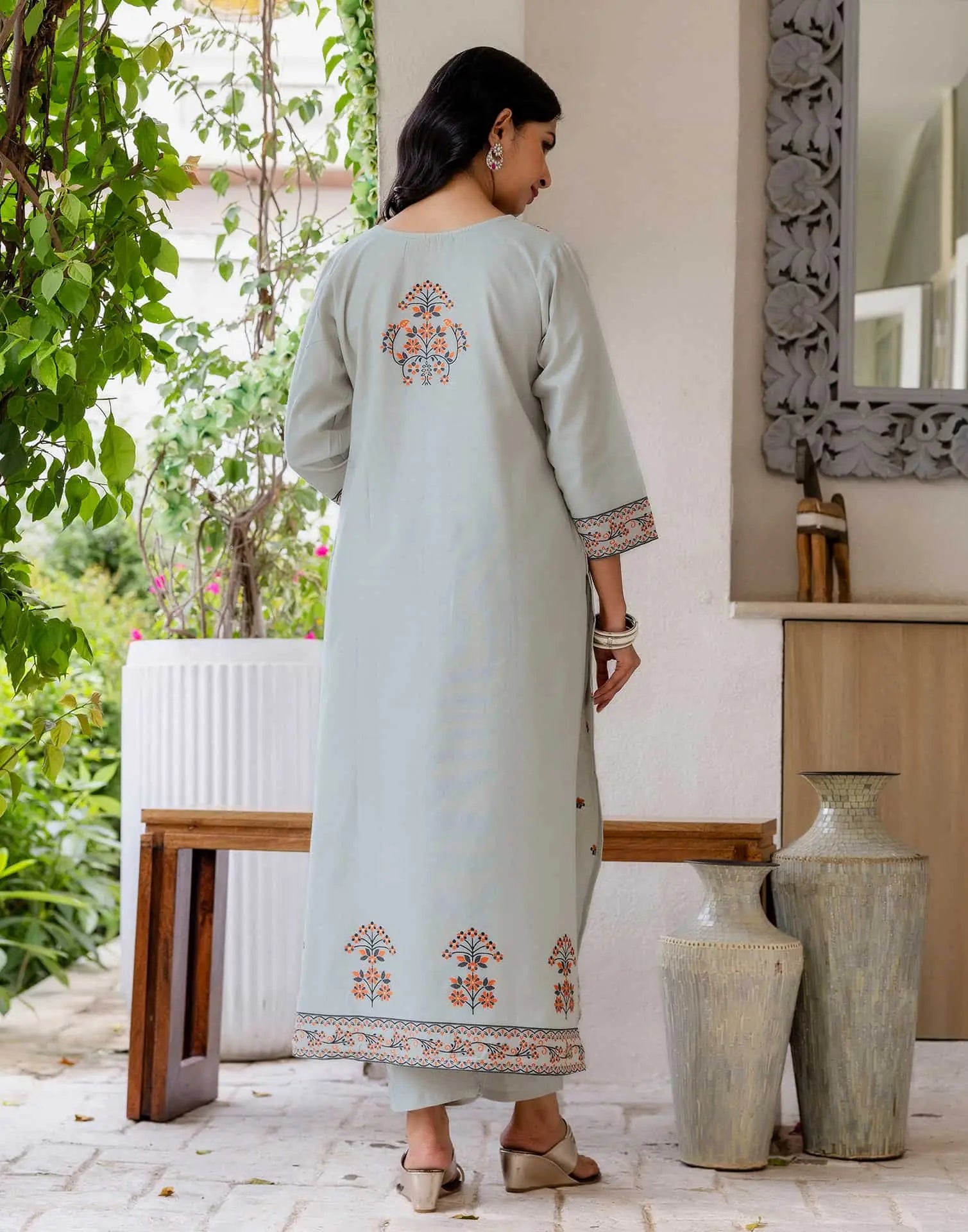 Grey Cotton Woven Straight Kurta Set with Pant & Dupatta under 1250 
