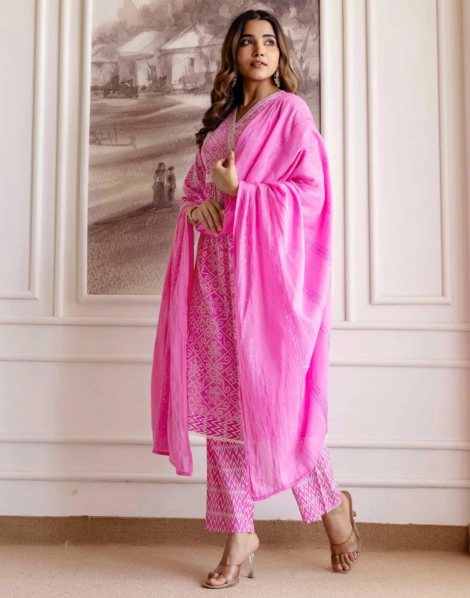 Skylee Pink Cotton Printed Anarkali Kurta Set for Women