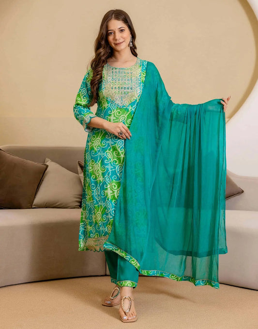 Rayon Printed Straight Kurta with Pant & Dupatta