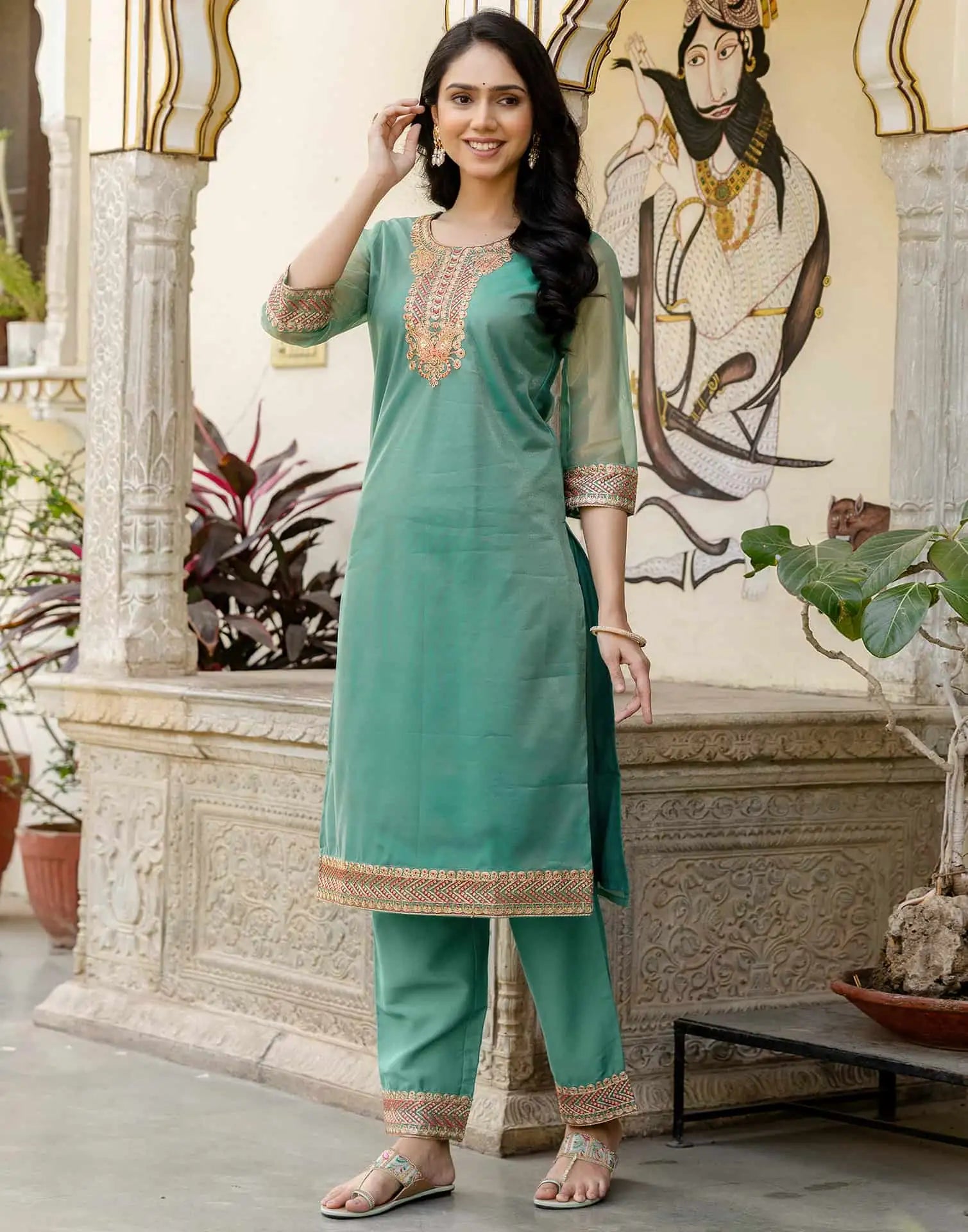 Skylee Light Green Organza Embroidered Straight Kurta Set for Women