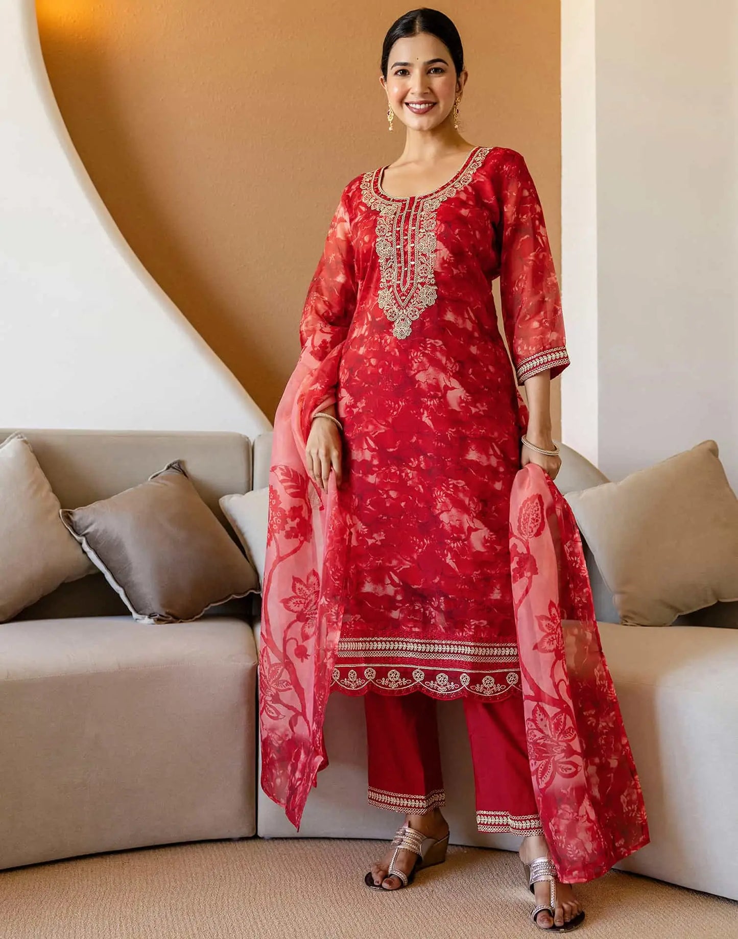 Red Organza Printed Straight Kurta Set with Pant & Dupatta for Women  Festive & Karwa Chauth Special