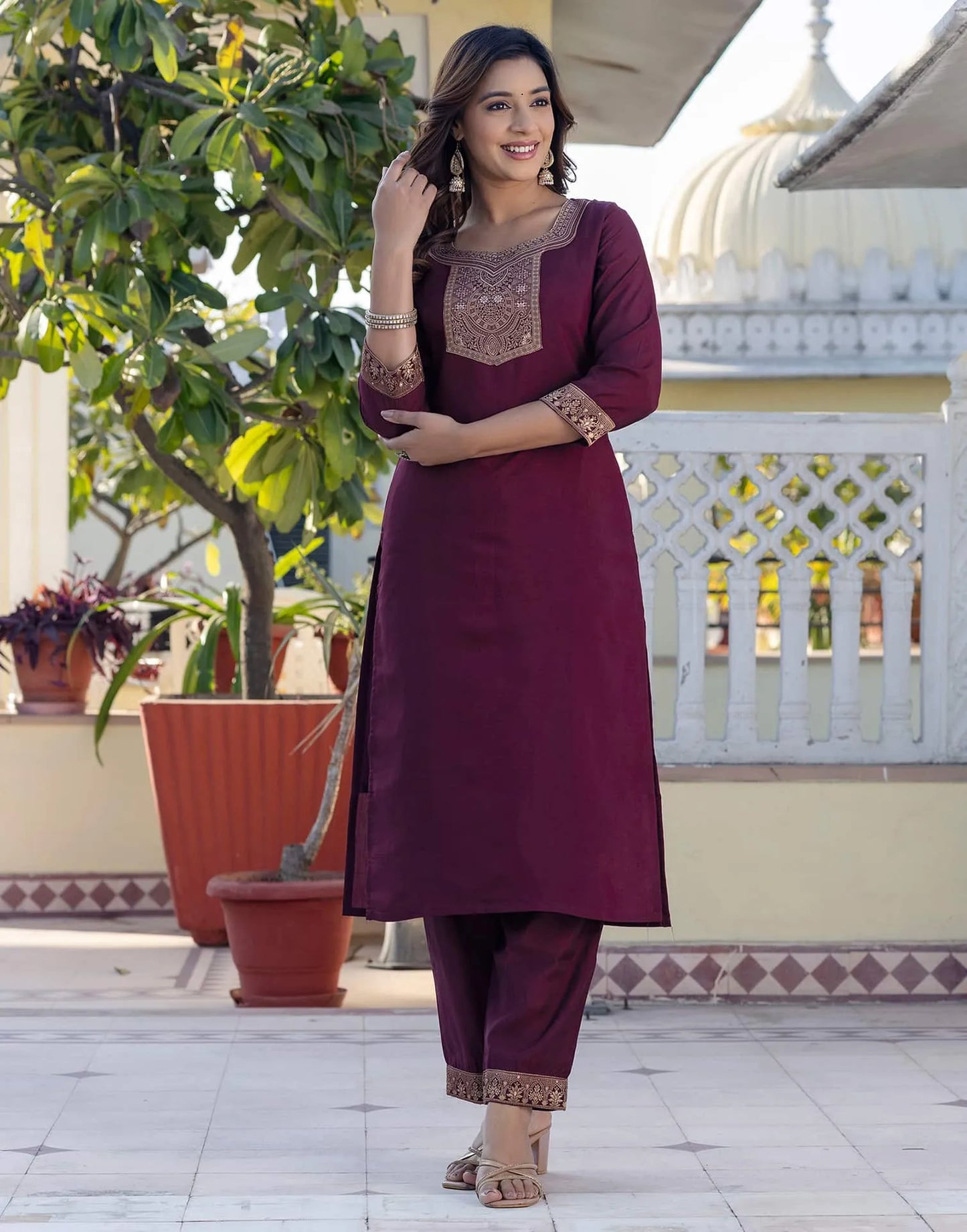 Silk Blend Weaving Straight Kurta with Pant & Dupatta