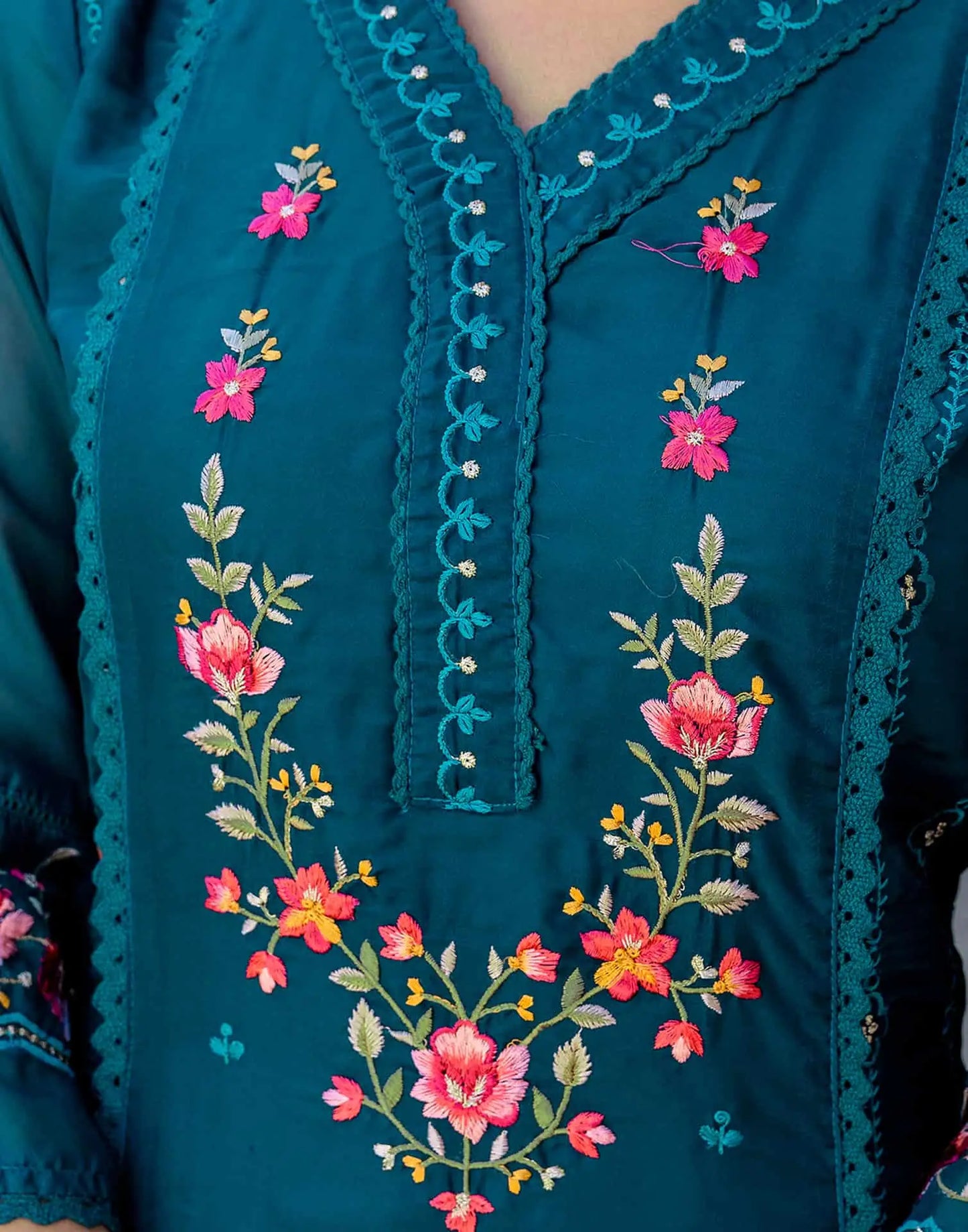 Blue Silk Blend Embroidery Straight Kurta Set for Women with Pant & Dupatta