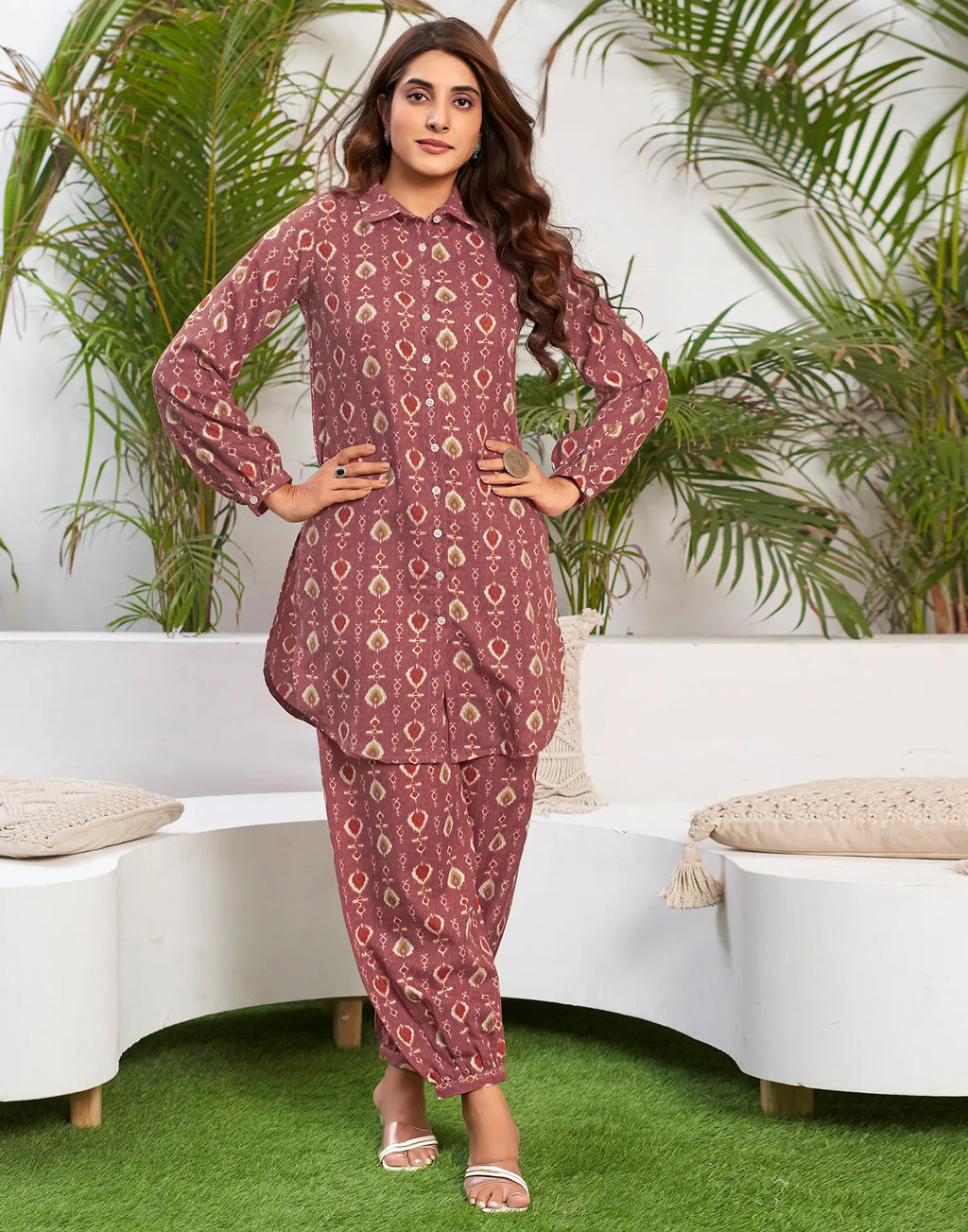 Cotton Blend Printed Collared Neck Co-ord Set