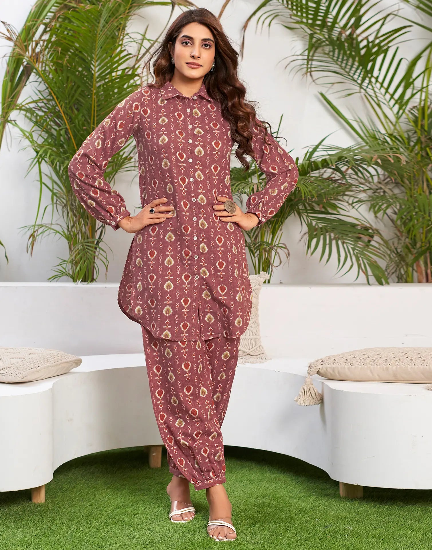 Cotton Blend Printed Collared Neck Co-ord Set