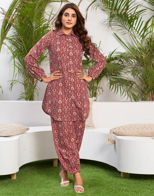 Cotton Blend Printed Collared Neck Co-ord Set