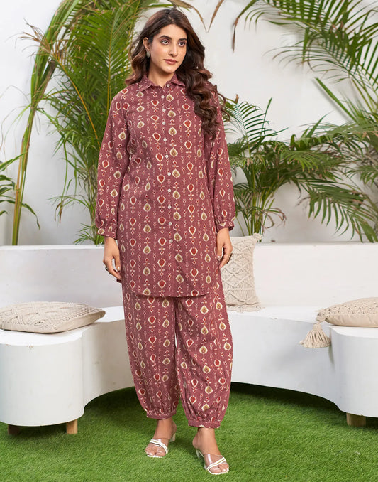Cotton Blend Printed Collared Neck Co-ord Set