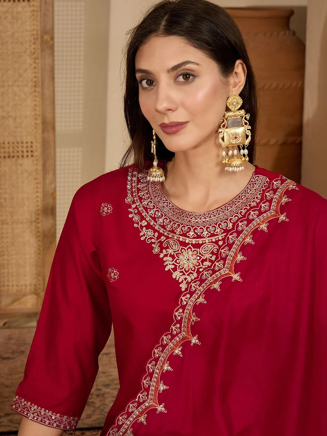 Maroon Silk Embroidered Kurta Set with Dupatta Round Neck Ethnic Wear for Karwa Chauth