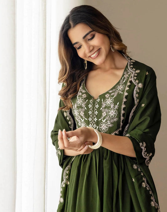 Green Silk Sequin Anarkali Kurta Set with Pant & Dupatta under 1299 