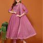 Dusty Pink Silk Pigment Print Round Neck 3/4 Sleeve Anarkali Kurta Set With Pant & Dupatta