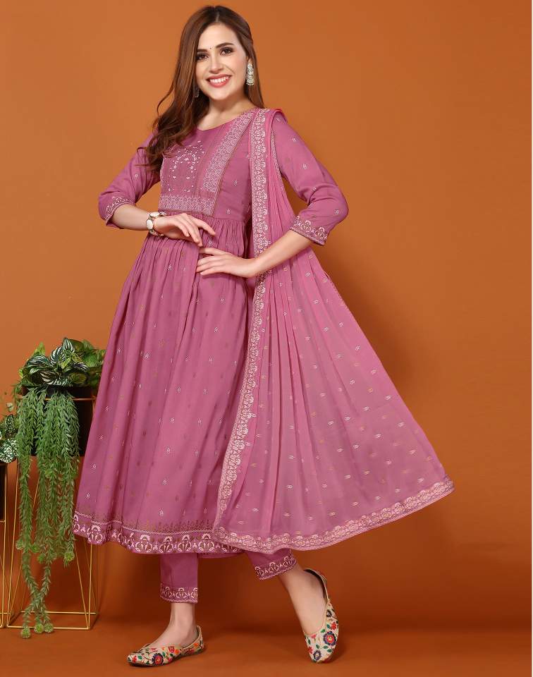 Dusty Pink Silk Pigment Print Round Neck 3/4 Sleeve Anarkali Kurta Set With Pant & Dupatta