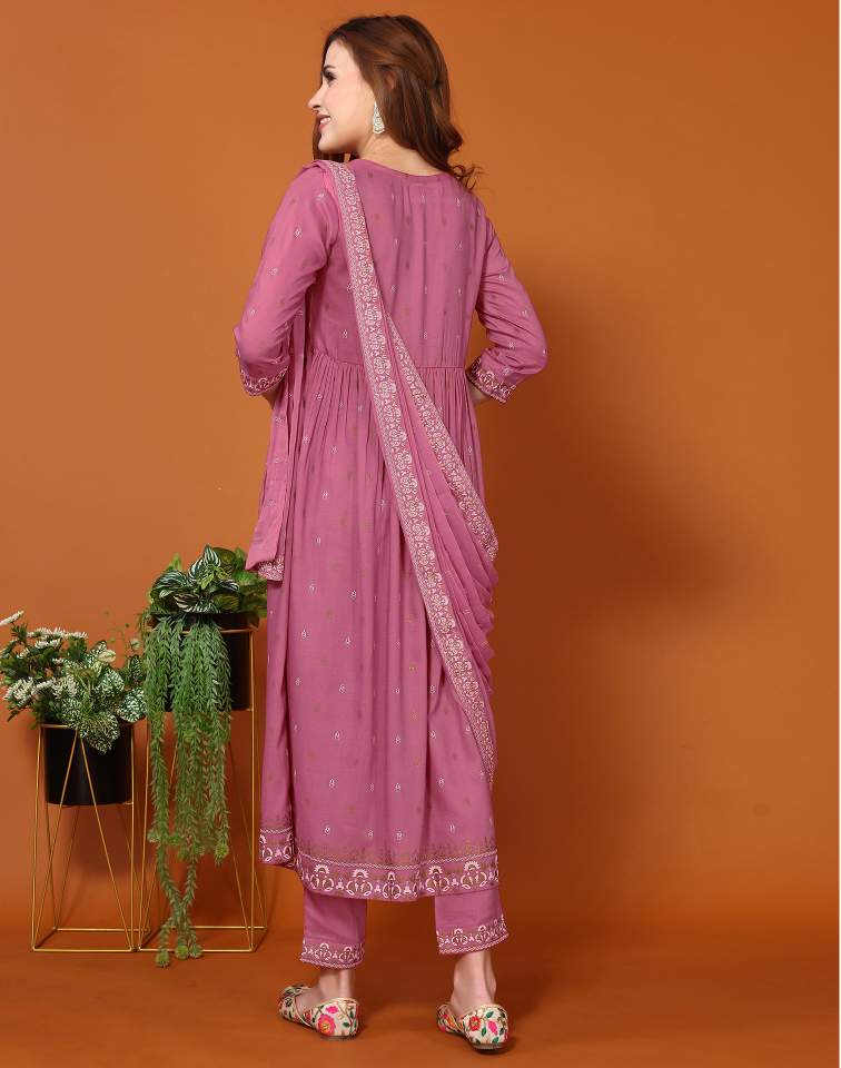 Dusty Pink Silk Pigment Print Round Neck 3/4 Sleeve Anarkali Kurta Set With Pant & Dupatta