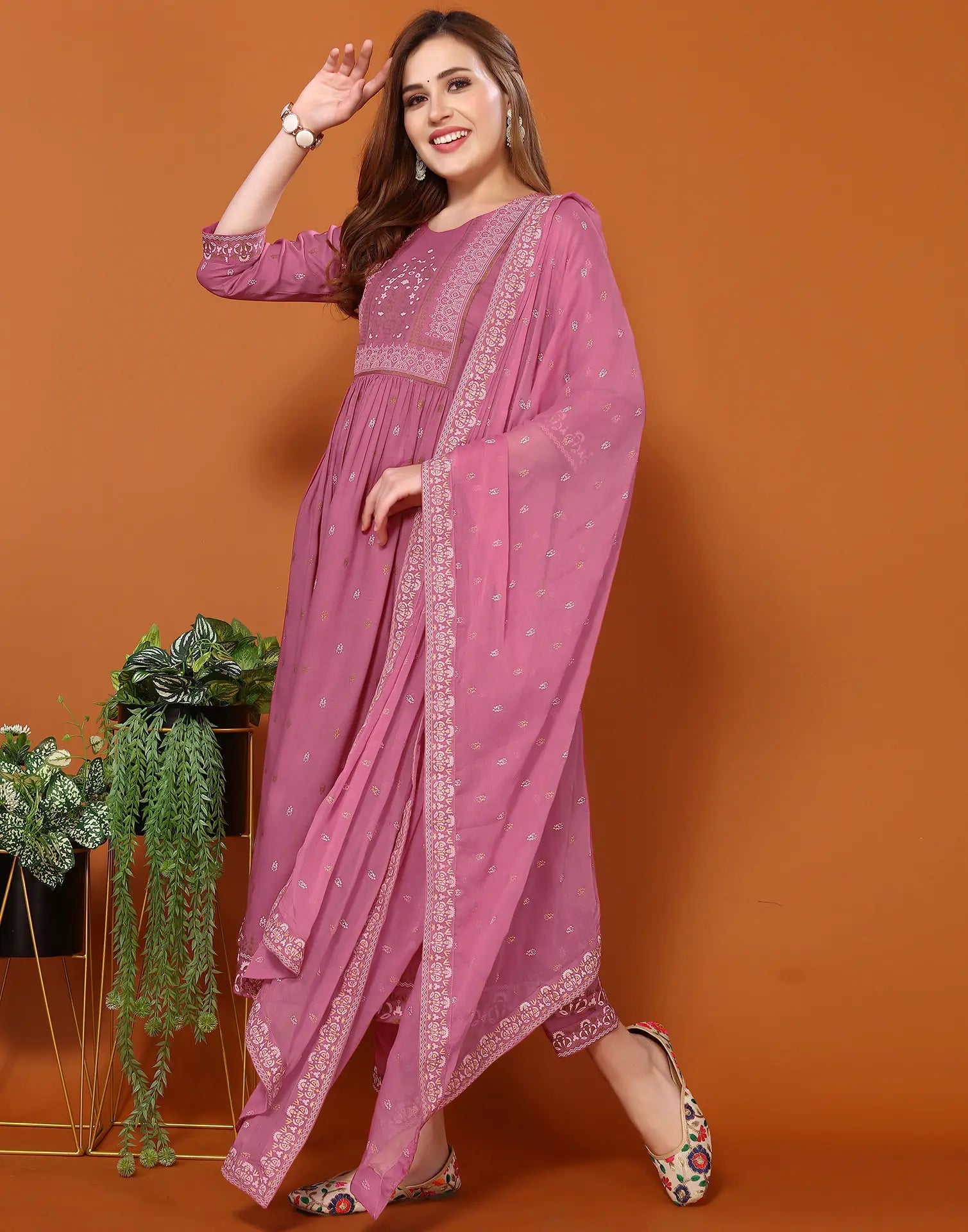 Poly Chinnon Foil Print A-Line 3 Piece Kurta Set