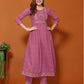 Dusty Pink Silk Pigment Print Round Neck 3/4 Sleeve Anarkali Kurta Set With Pant & Dupatta