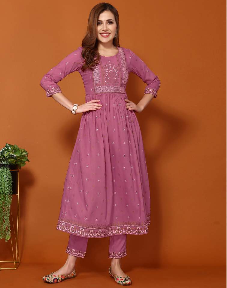 Dusty Pink Silk Pigment Print Round Neck 3/4 Sleeve Anarkali Kurta Set With Pant & Dupatta