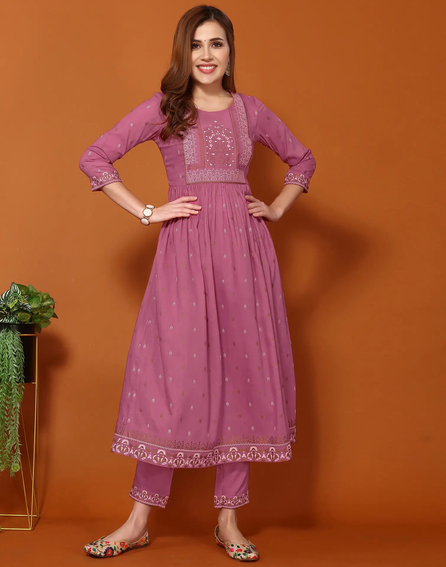 Poly Chinnon Foil Print A-Line 3 Piece Kurta Set