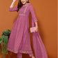 Dusty Pink Silk Pigment Print Round Neck 3/4 Sleeve Anarkali Kurta Set With Pant & Dupatta