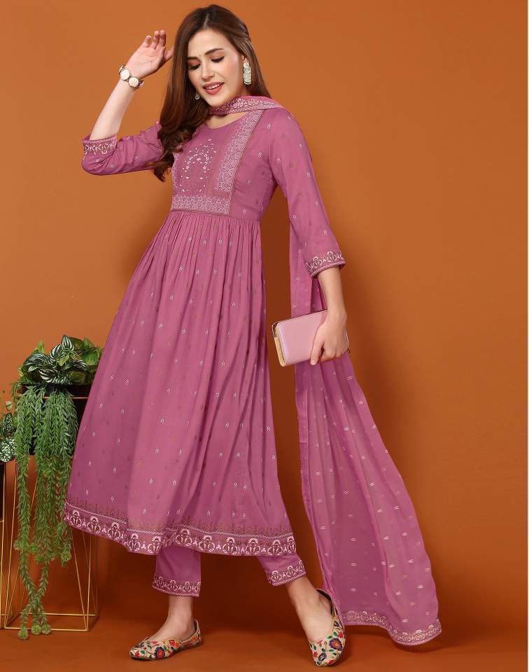 Dusty Pink Silk Pigment Print Round Neck 3/4 Sleeve Anarkali Kurta Set With Pant & Dupatta