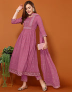 Poly Chinnon Foil Print A-Line 3 Piece Kurta Set